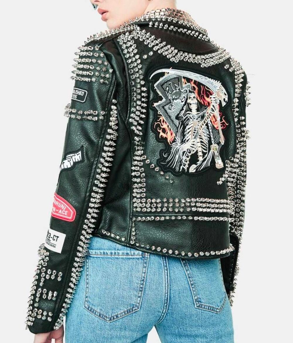 NWOT~AZALEA WANG Black AC/DC Punk Rock Studded Patchwork Moto Jacket Sz XL - Picture 11 of 11